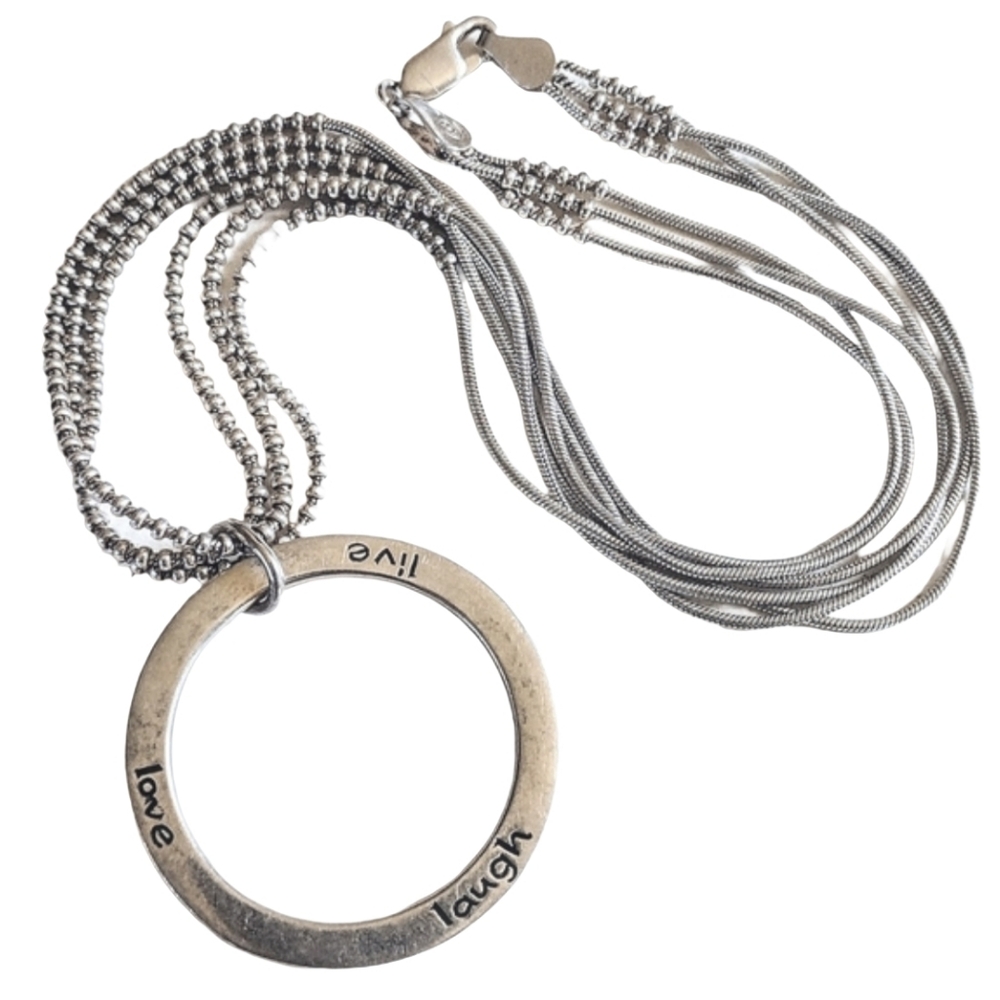 Vintage 925 Sterling Silver Live Laugh Love Circle Multi Chain Necklace Karibou